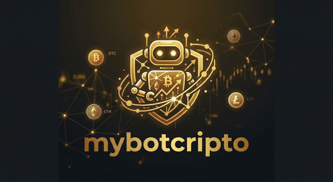 Logo de mybotcripto sobre gráficos de trading dorados